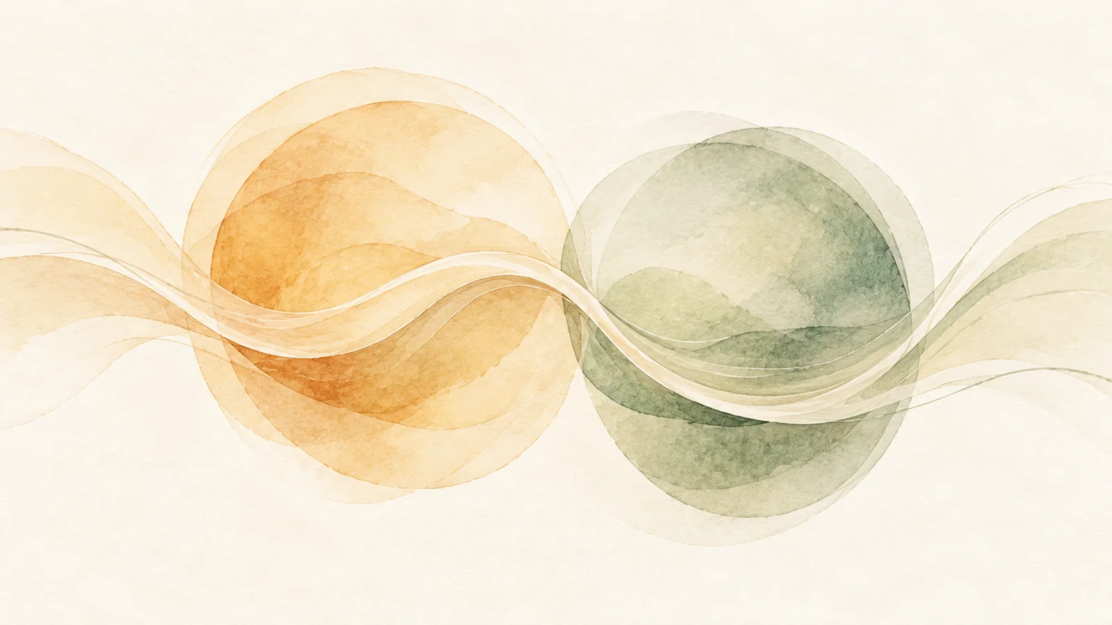 Abstract watercolour of two overlapping forms in amber and green, suggesting balance.