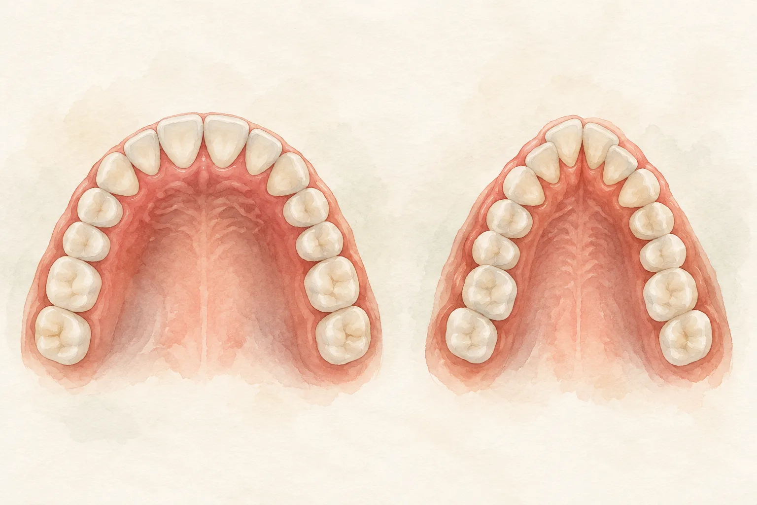 Watercolour of two upper dental arches seen from above: a broad, U-shaped arch beside a narrower, V-shaped arch.