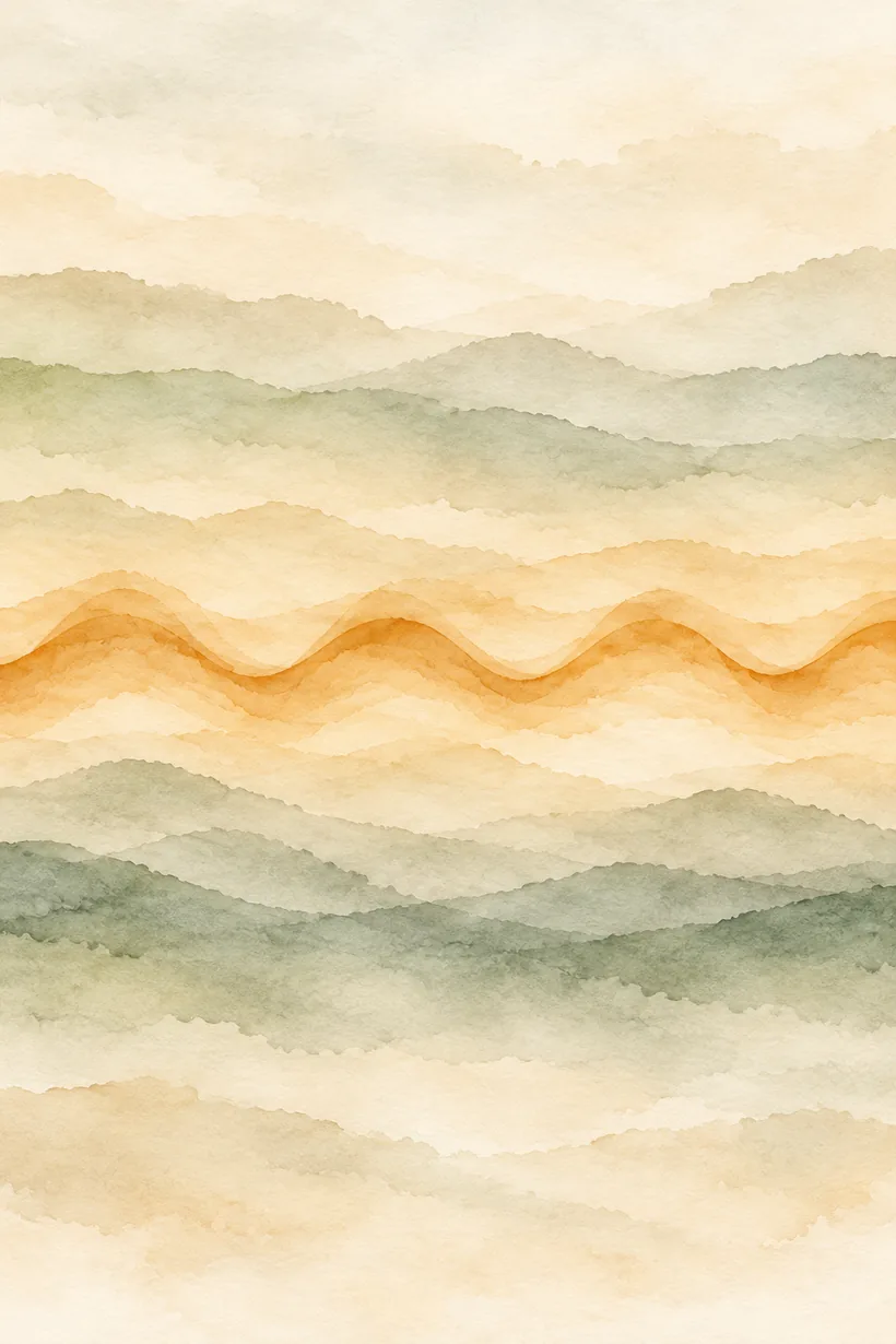 Watercolour of a rhythmic ochre wave running across layered sage green and sand washes.