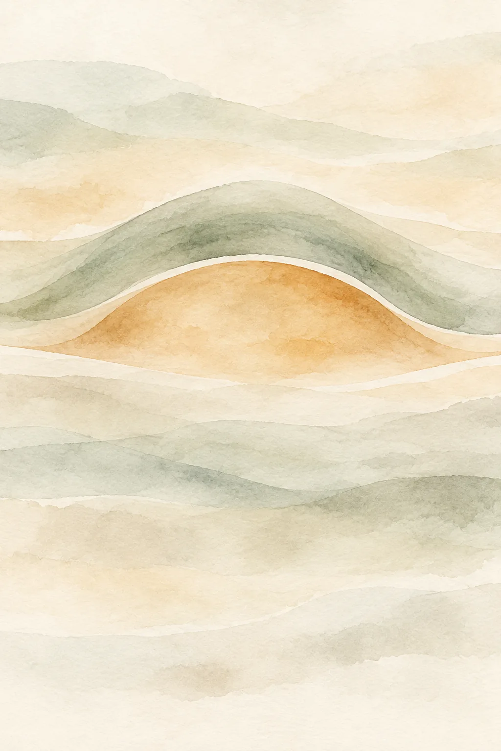 Watercolour of a sage green arch curving over an amber dome, above layered sand and sage washes.