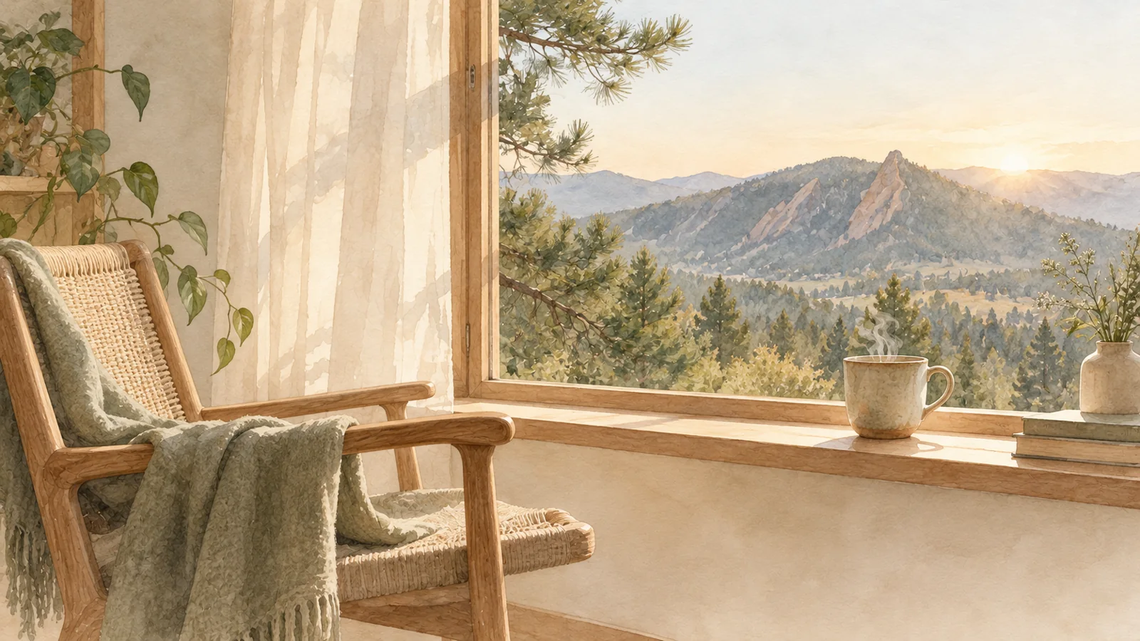 Watercolour of a quiet chair by a window looking out at the Flatirons.